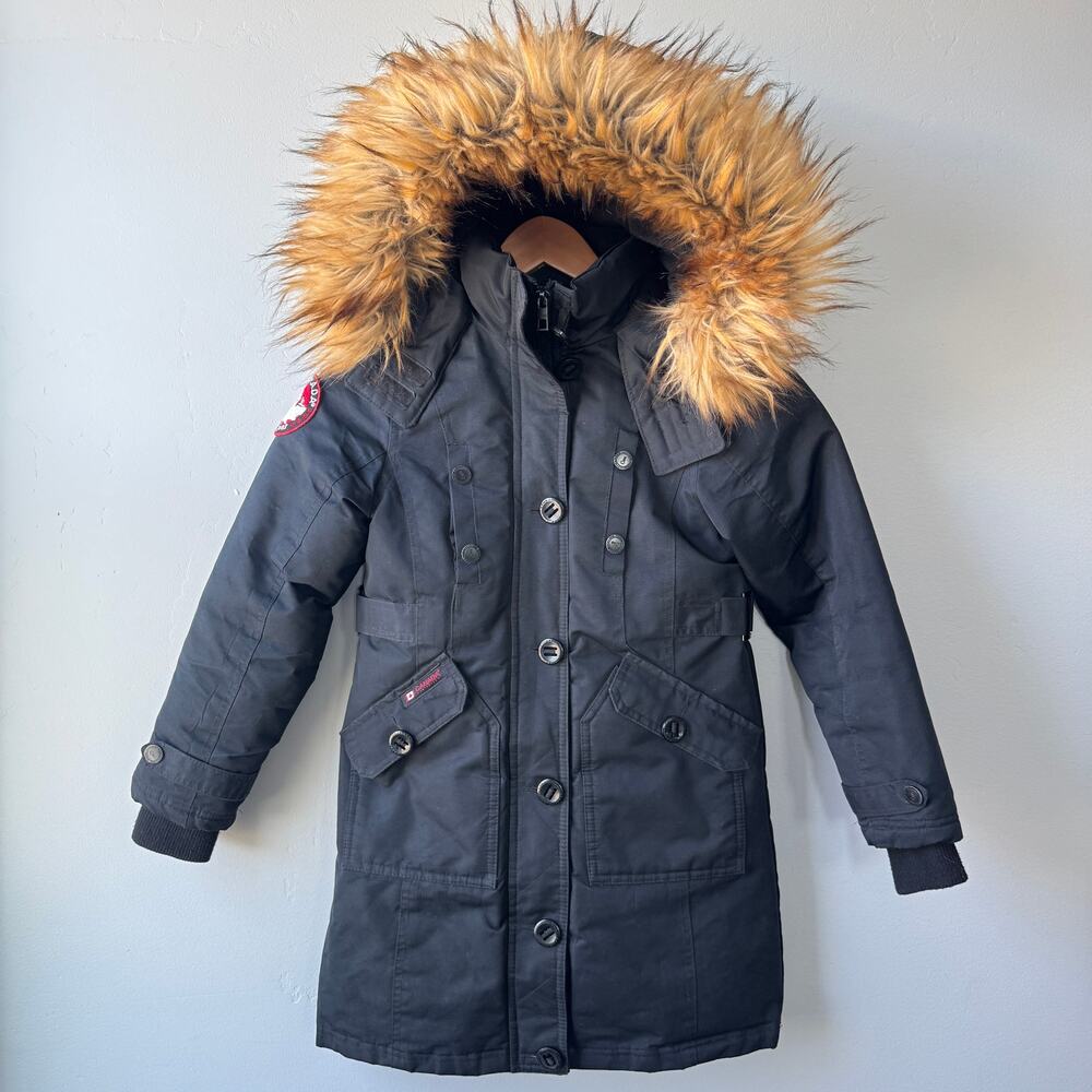 Girls Canada Weathergear Parka Heavy Winter Coat Fur Trim Black Kids Small 7/8